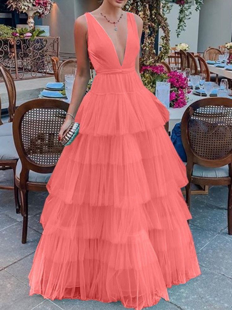 Ärmlös Falbala Golvlång High Waist Fashion Maxiklänning