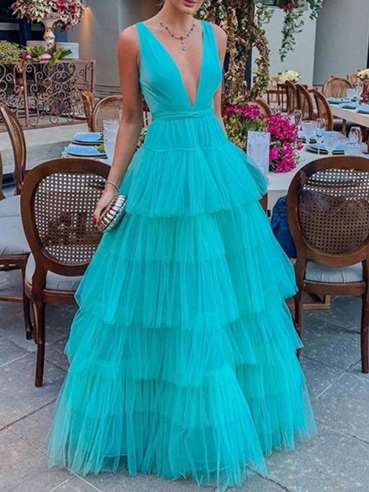Ärmlös Falbala Golvlång High Waist Fashion Maxiklänning