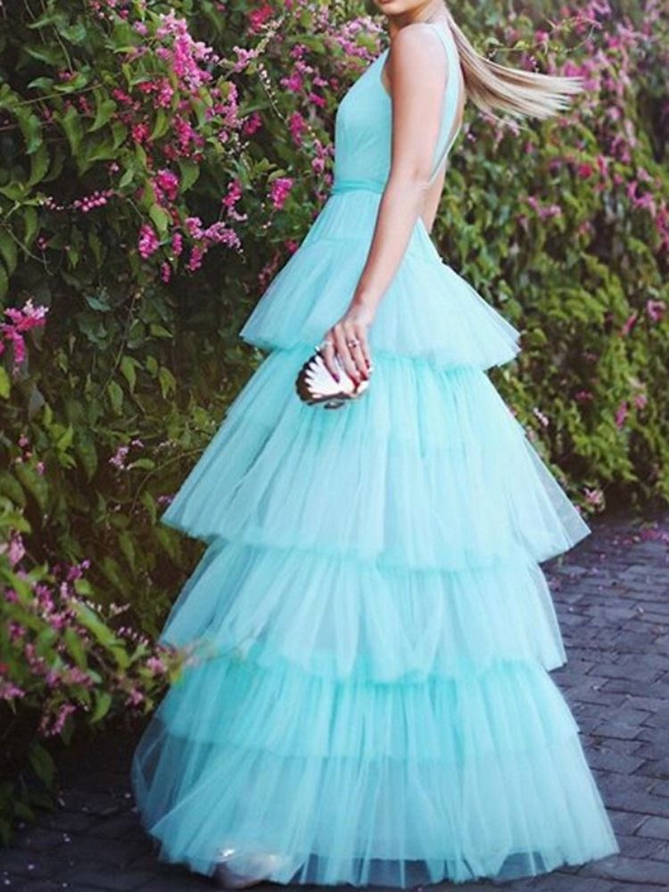 Ärmlös Falbala Golvlång High Waist Fashion Maxiklänning