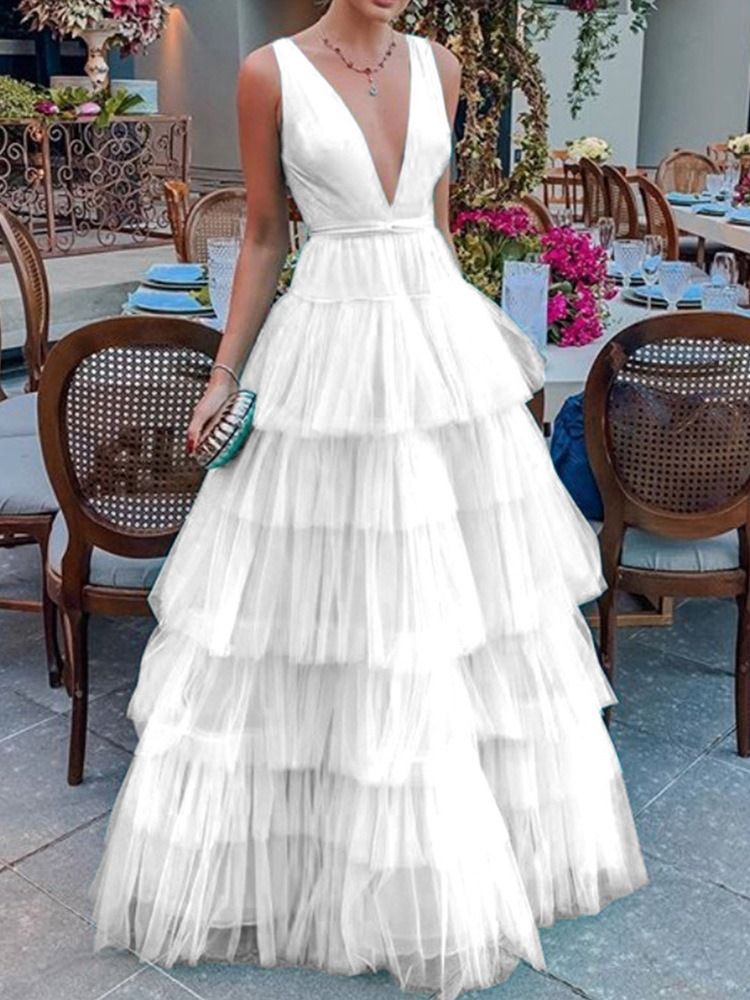 Ärmlös Falbala Golvlång High Waist Fashion Maxiklänning