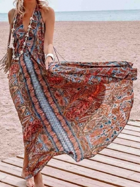 Ärmlös Golvlång V-Ringad Pullover Blommig Maxiklänning Strandklänningar För Kvinnor