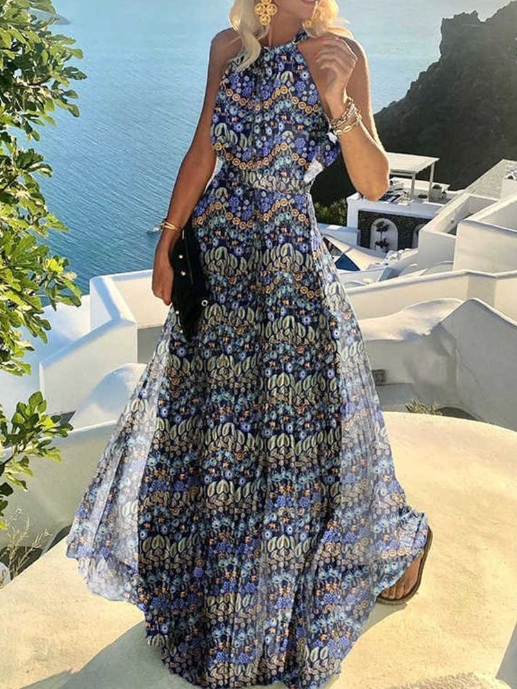 Ärmlös Patchwork Golvlång Blommig Damklänning