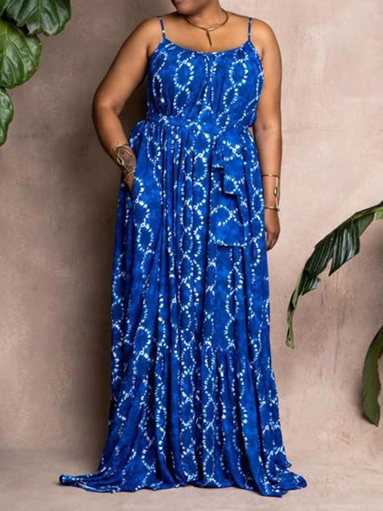 Ärmlös Patchwork Golvlång Casual Spaghetti Strap Maxiklänning Plus Size