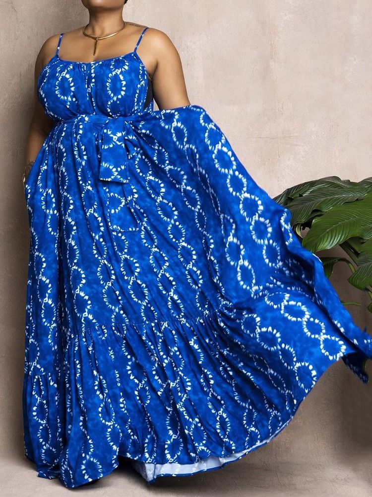 Ärmlös Patchwork Golvlång Casual Spaghetti Strap Maxiklänning Plus Size