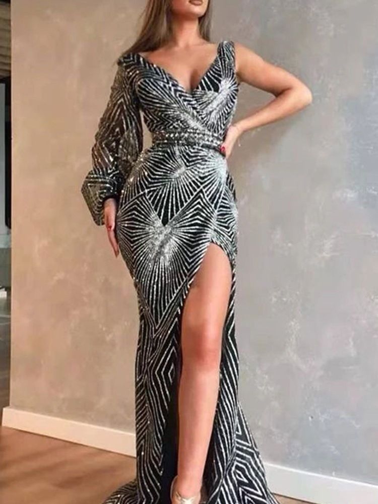 Delad Långärmad Golvlång Bodycon Pulloverklänning För Kvinnor