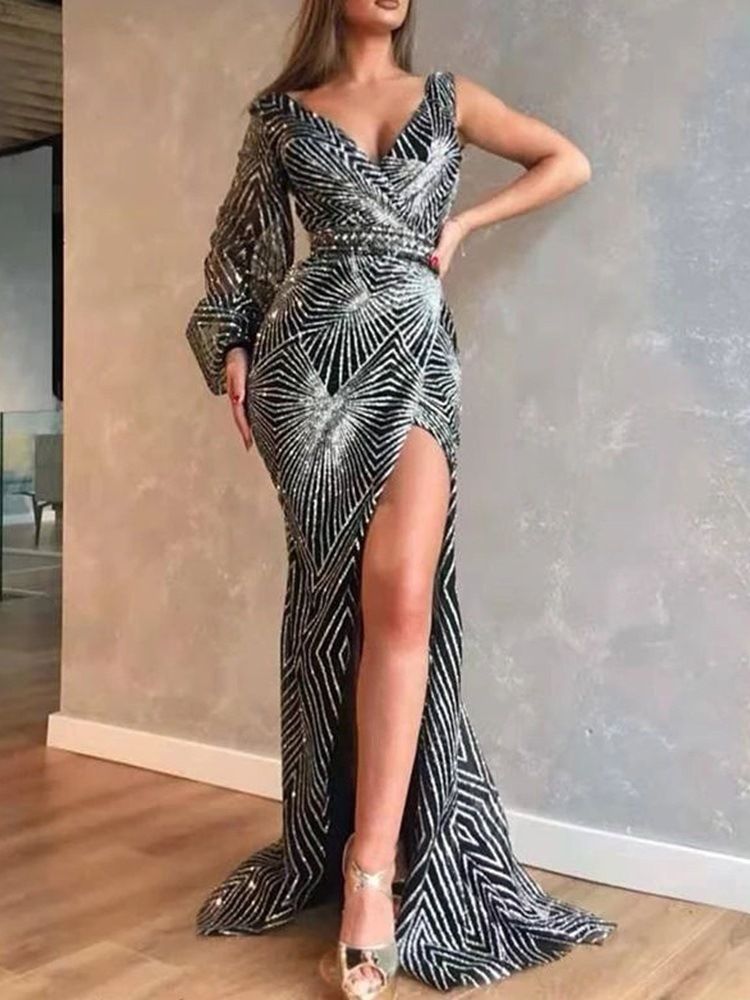 Delad Långärmad Golvlång Bodycon Pulloverklänning För Kvinnor