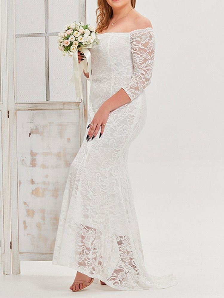 Golvlång Falbala Off Shoulder Klänning Plain Plus Size Klänning