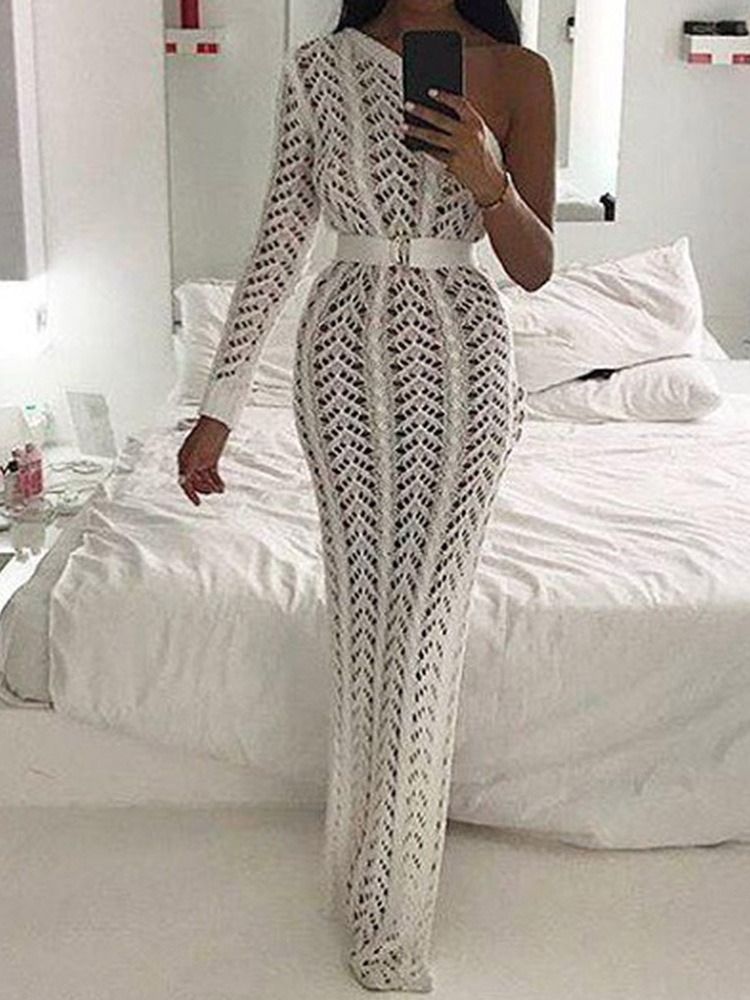 Golvlång Ihålig Långärmad Bodycon Damklänning