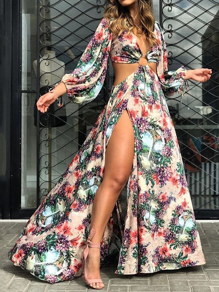 Golvlång Ihålig Niopunktsärm Dam Bodycon Color Block Klänning