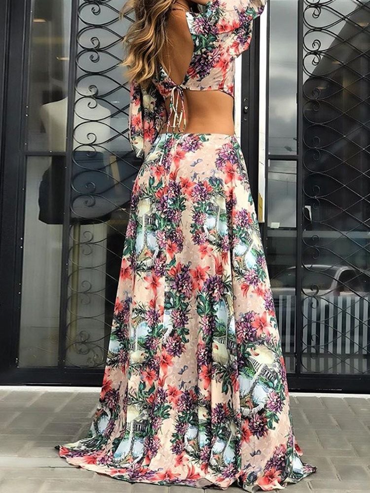 Golvlång Ihålig Niopunktsärm Dam Bodycon Color Block Klänning