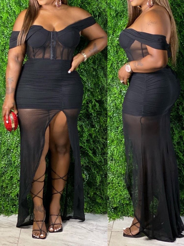 Golvlång Kortärmad Genomskinlig Bodycon Mid Waist Klänning