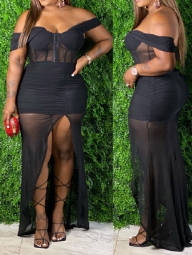 Golvlång Kortärmad Genomskinlig Bodycon Mid Waist Klänning