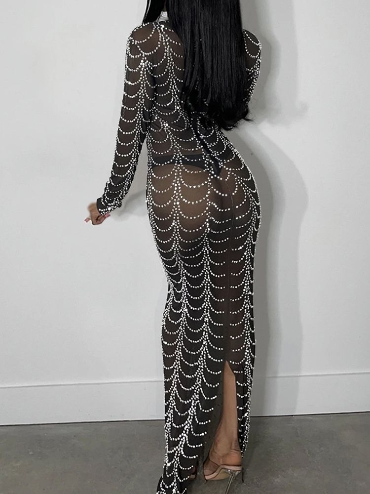 Golvlång Långärmad Delad Bodycon Pulloverklänning