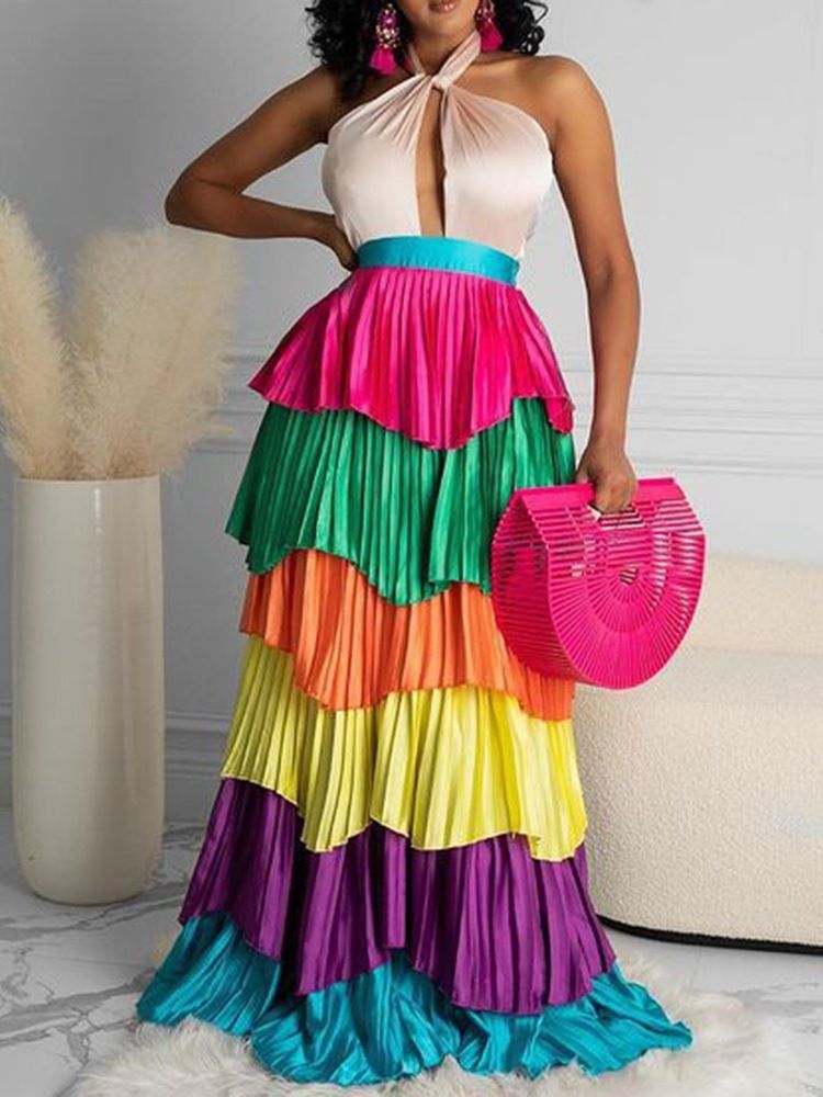 Golvlång Patchwork Ärmlös Color Block Fashion Maxiklänning