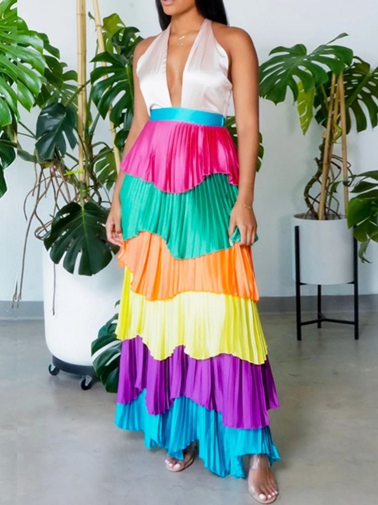 Golvlång Patchwork Ärmlös Color Block Fashion Maxiklänning