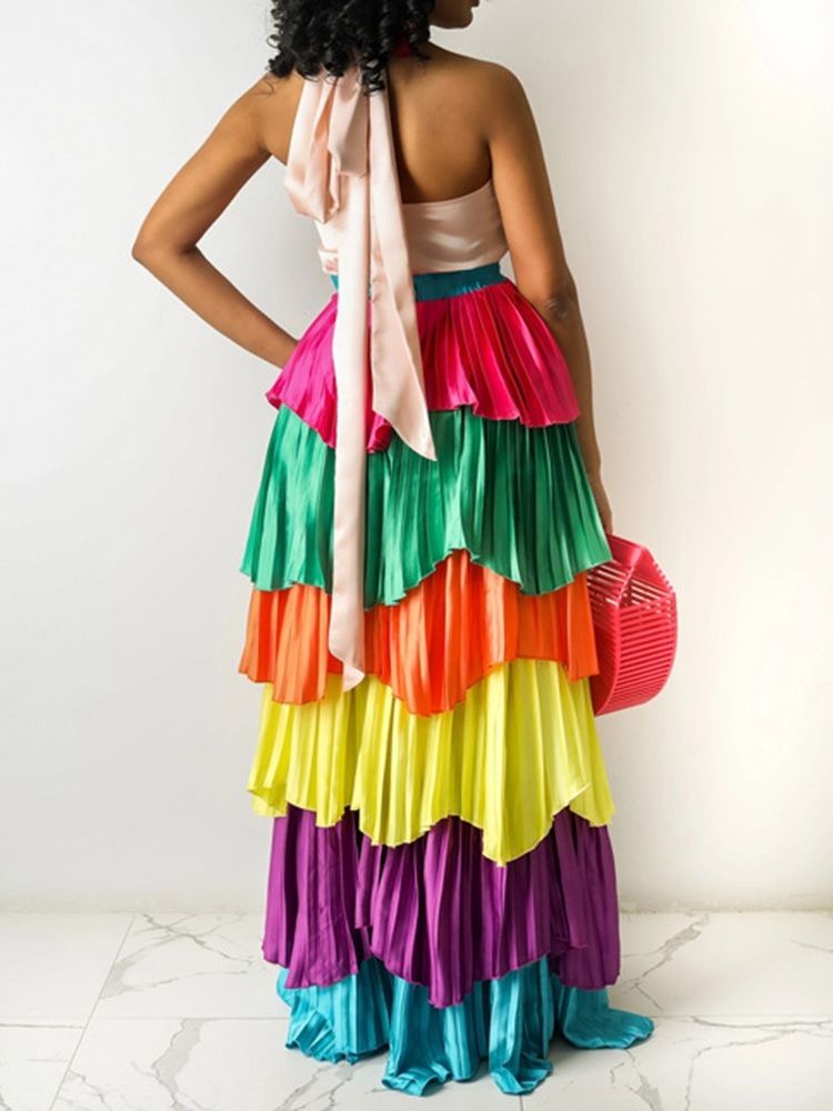 Golvlång Patchwork Ärmlös Color Block Fashion Maxiklänning