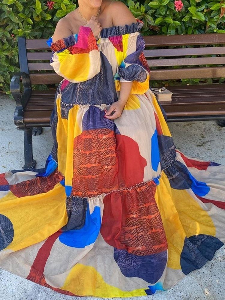 Golvlång Patchwork Långärmad Fashion Color Block Klänning