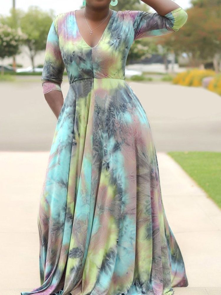 Golvlång Tie-Dye V-Ringad Tröja För Kvinnor Avslappnad Klänning