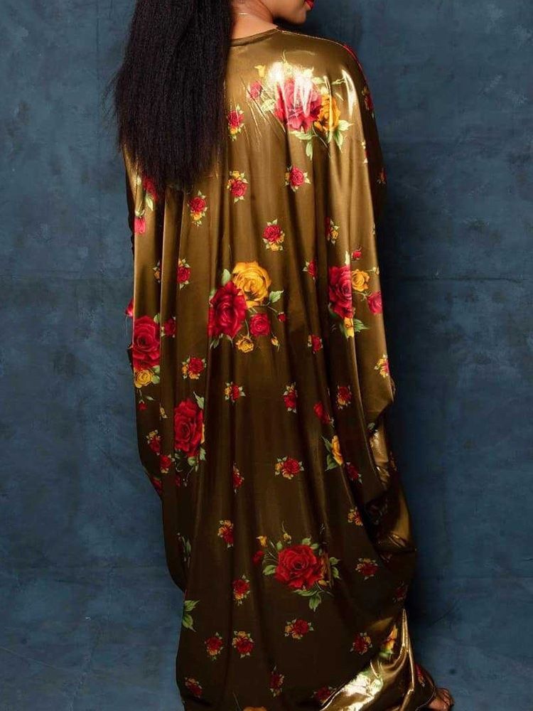Golvlång Trekvartsärm Plisserad Batwing-Ärmad Blommig Klänning