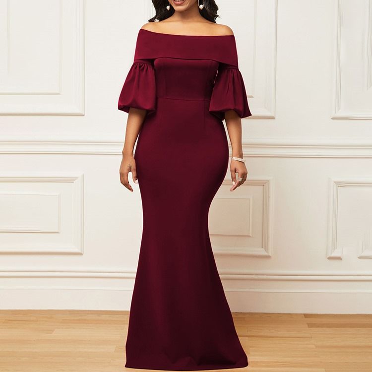 Halv Ärm Golvlång Off Shoulder Sjöjungfru Höst Maxiklänning