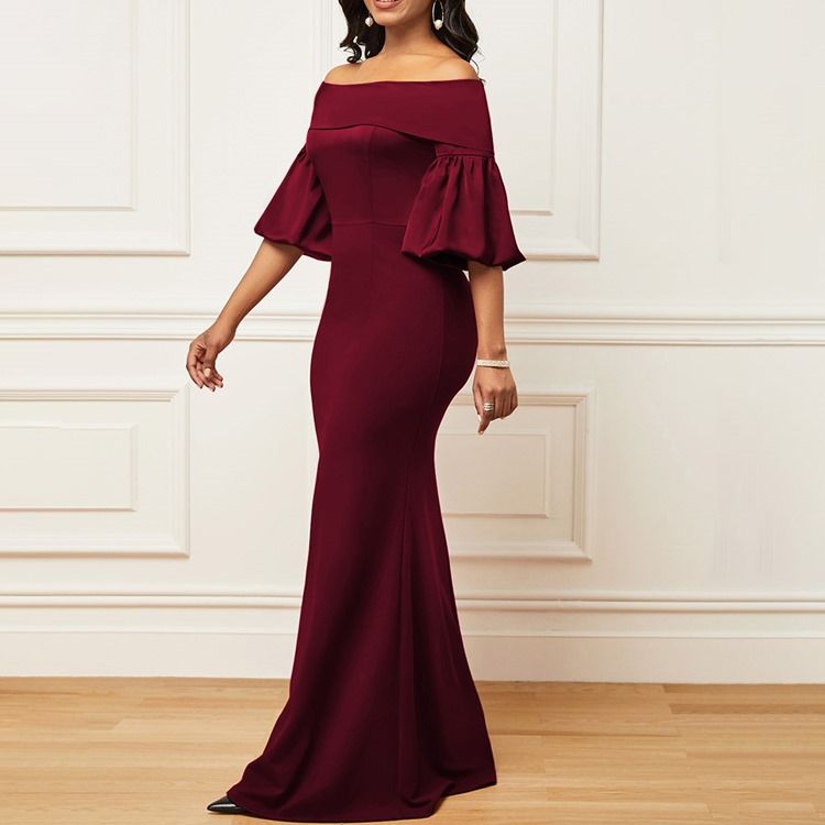 Halv Ärm Golvlång Off Shoulder Sjöjungfru Höst Maxiklänning