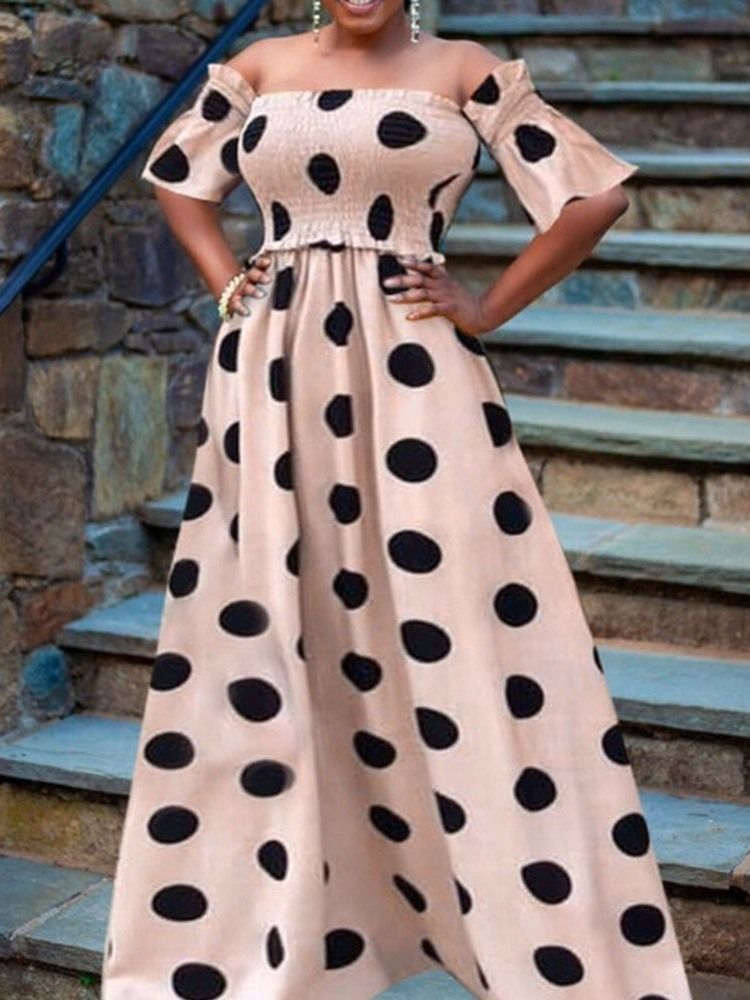Halv Ärm Off Shoulder Golvlång Polka Dots Sommarklänning