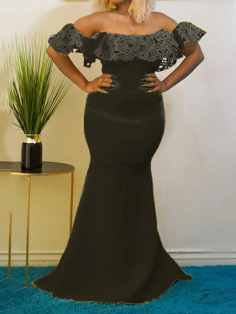Kortärmad Falbala Off Shoulder Mermaid Plain Maxiklänning