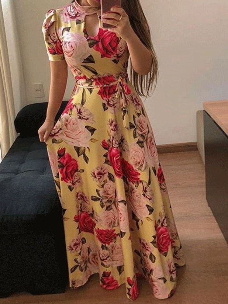 Kortärmad Turtleneck Print Expansion Floral Maxiklänning