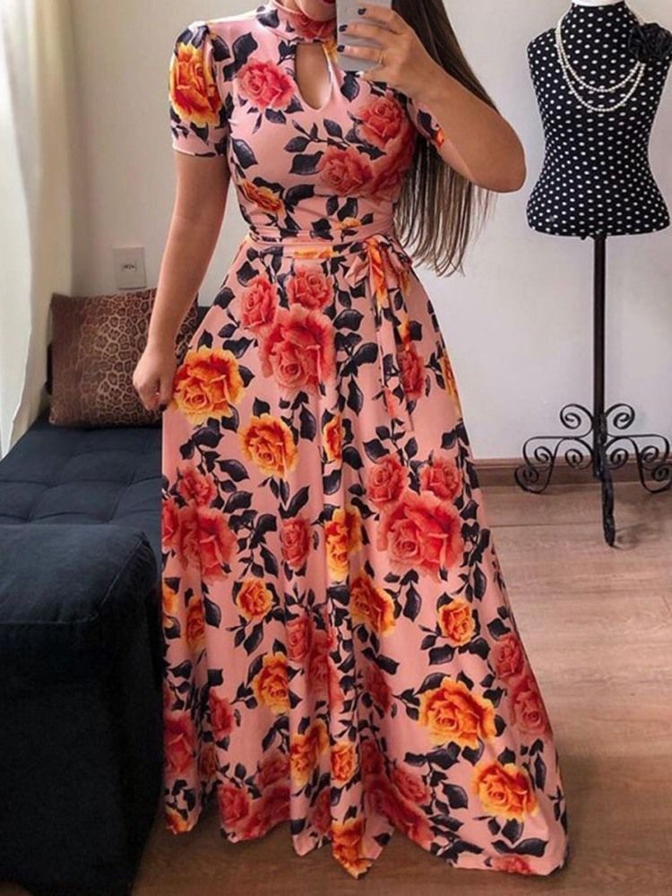 Kortärmad Turtleneck Print Expansion Floral Maxiklänning
