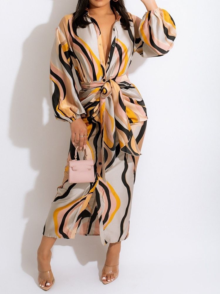 Lace-Up Lapel Ankellång Bodycon Color Block Klänning
