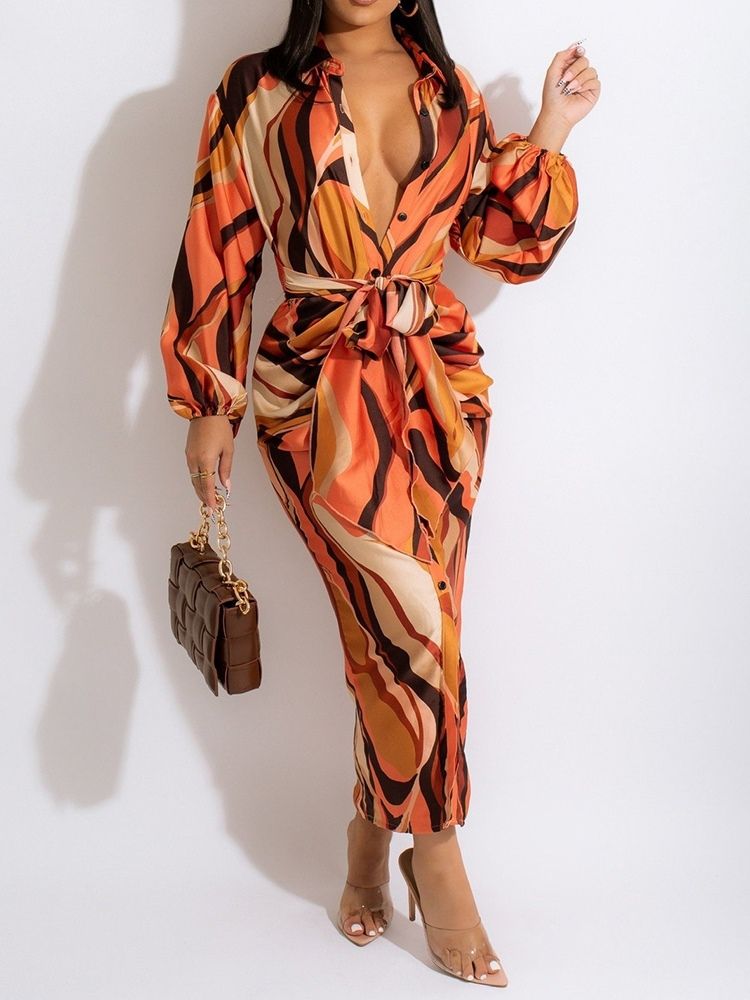 Lace-Up Lapel Ankellång Bodycon Color Block Klänning