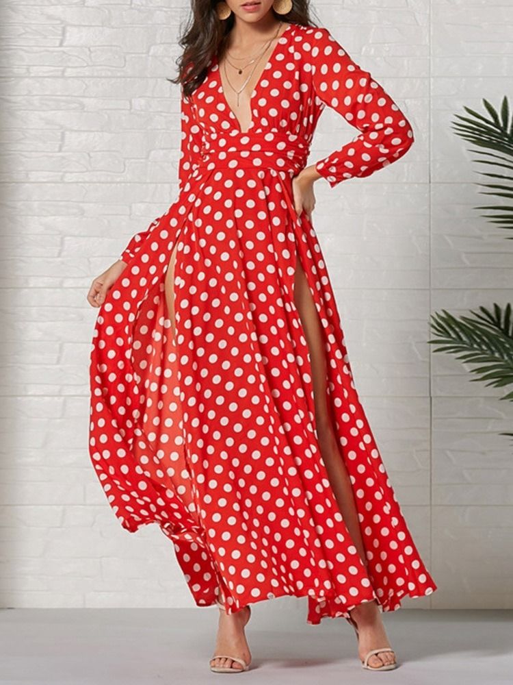 Långärmad Ankellång V-Hals Mode Polka Dots Damklänning