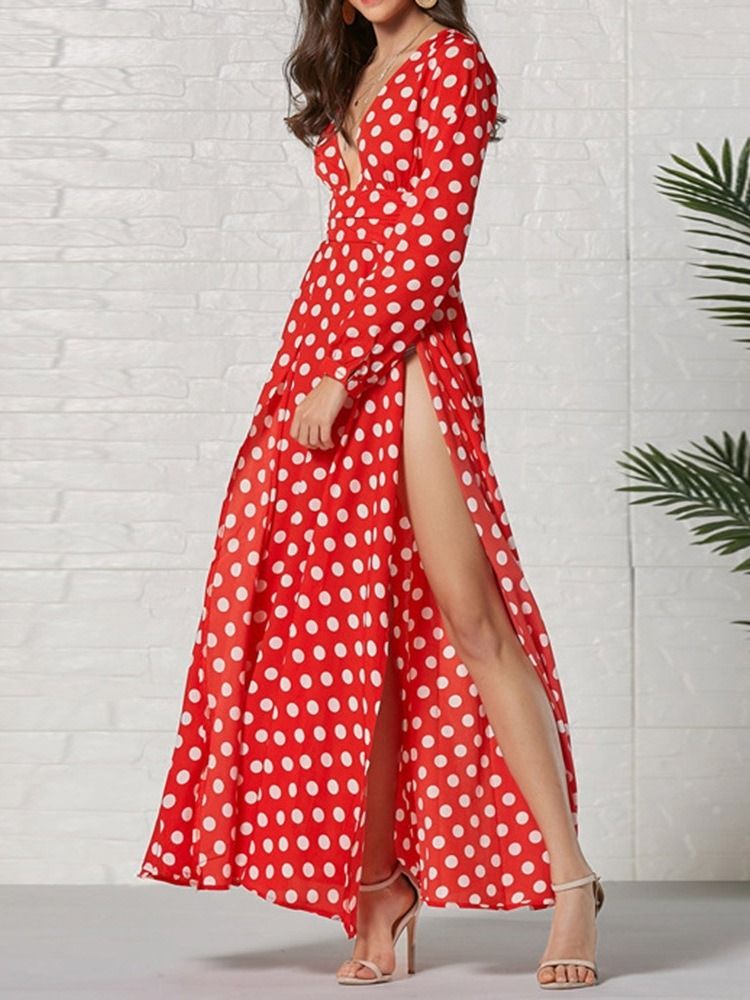 Långärmad Ankellång V-Hals Mode Polka Dots Damklänning