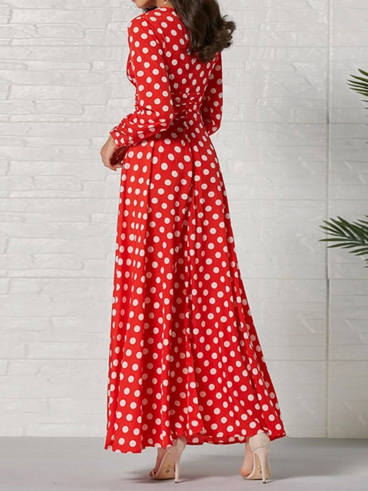 Långärmad Ankellång V-Hals Mode Polka Dots Damklänning