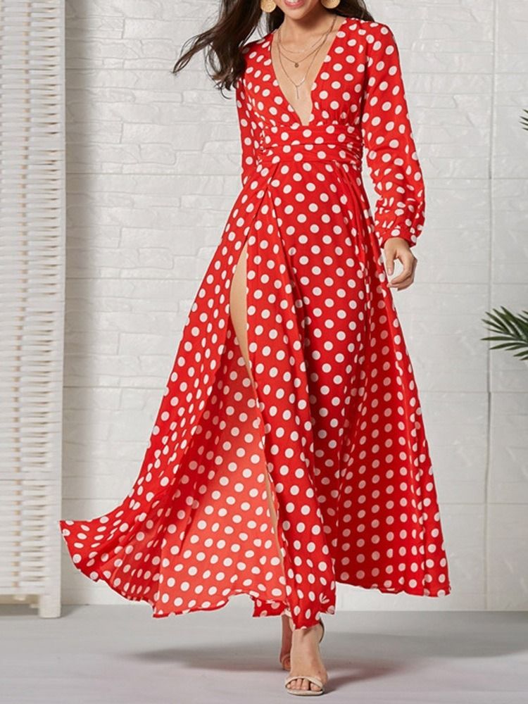 Långärmad Ankellång V-Hals Mode Polka Dots Damklänning