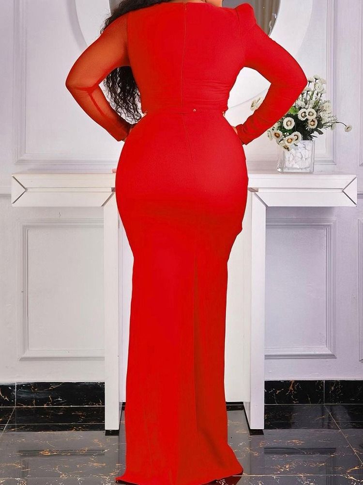 Långärmad Golvlång Rundhalsad Plain Bodycon-Klänning