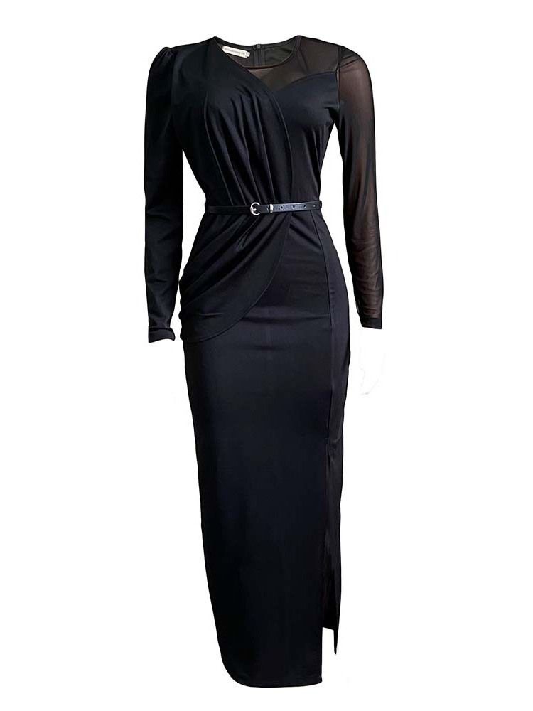 Långärmad Golvlång Split Plain Bodycon Maxiklänning