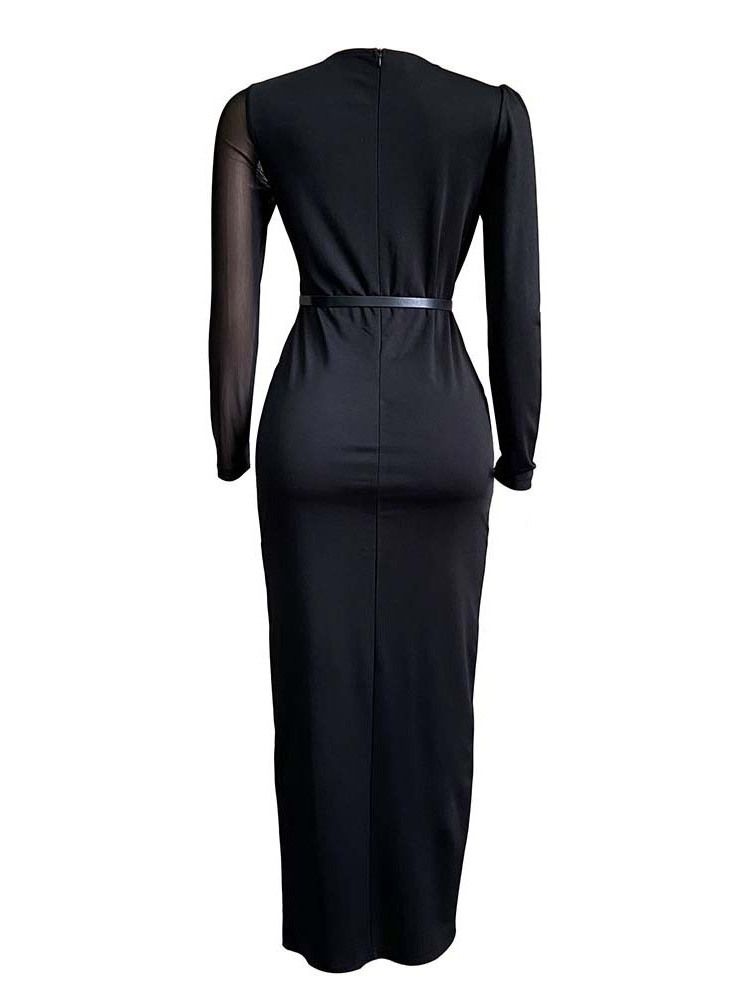 Långärmad Golvlång Split Plain Bodycon Maxiklänning