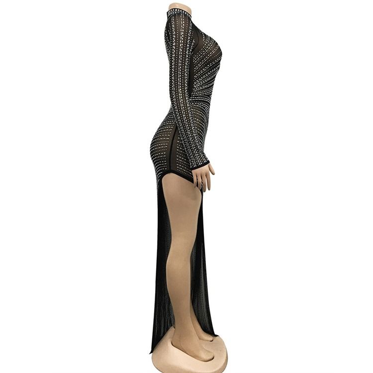 Långärmad Stativ Krage Split Mid Waist Höst Maxiklänning