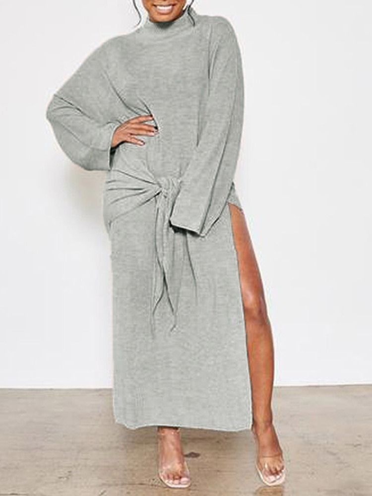 Långärmad Turtleneck Split Plain Pullover Klänning