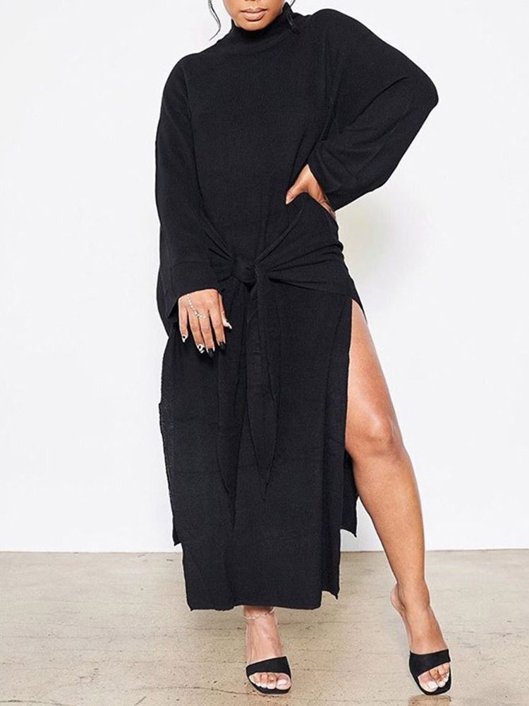 Långärmad Turtleneck Split Plain Pullover Klänning