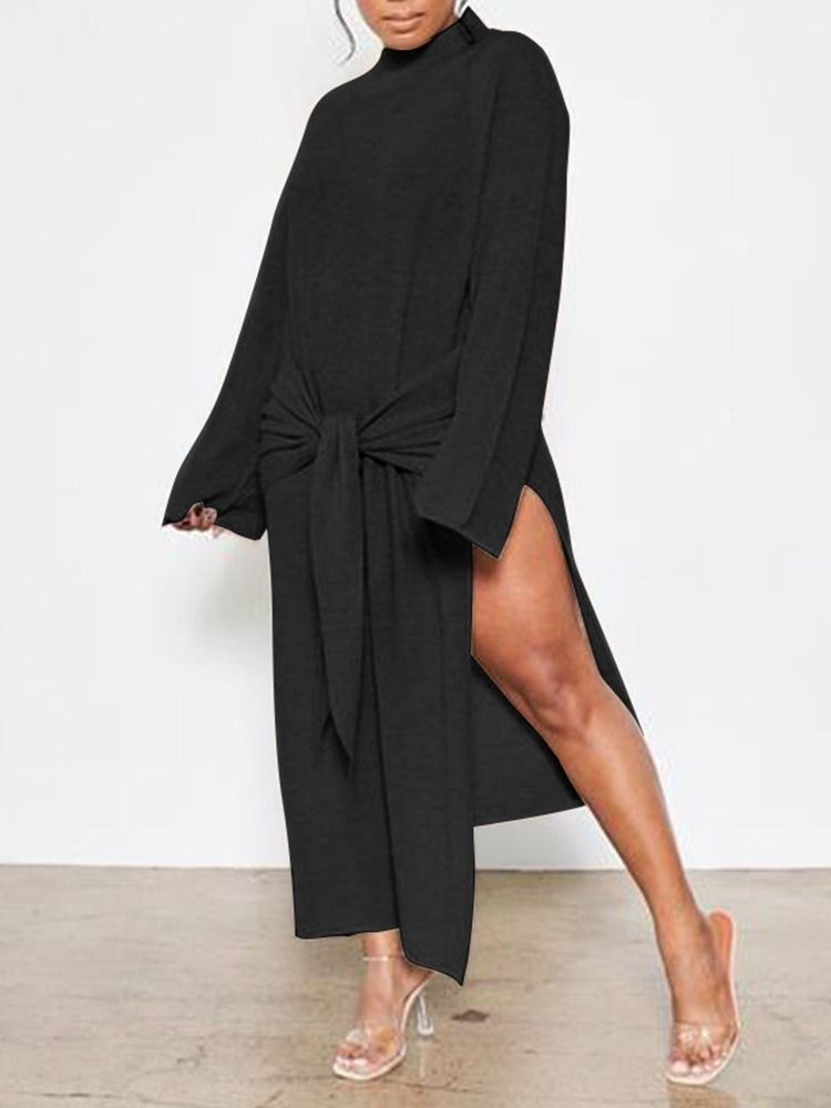 Långärmad Turtleneck Split Plain Pullover Klänning