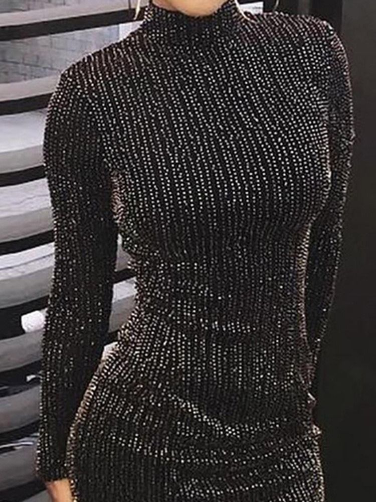 Lurex Turtleneck Above Knee Plain Bodycon Klänning För Kvinnor