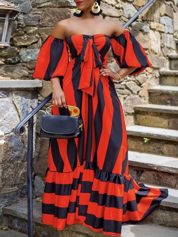 Nio Punkters Ärm Golvlång Bowknot High Waist Stripe Klänning
