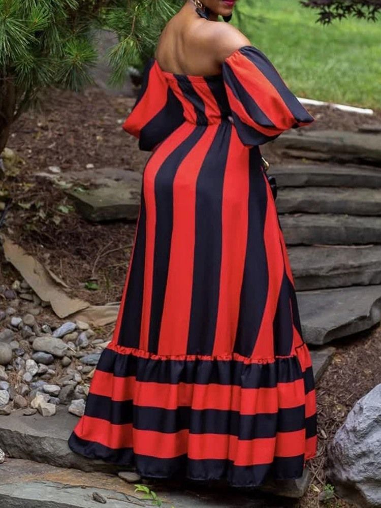 Nio Punkters Ärm Golvlång Bowknot High Waist Stripe Klänning