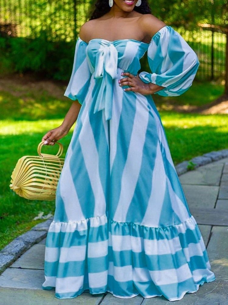 Nio Punkters Ärm Golvlång Bowknot High Waist Stripe Klänning