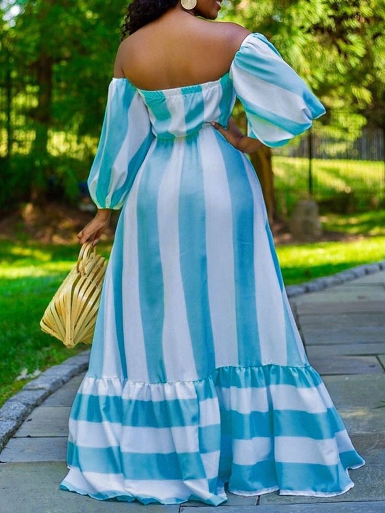 Nio Punkters Ärm Golvlång Bowknot High Waist Stripe Klänning