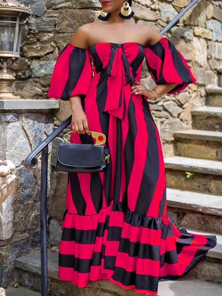 Nio Punkters Ärm Golvlång Bowknot High Waist Stripe Klänning