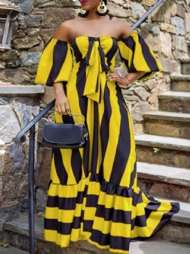 Nio Punkters Ärm Golvlång Bowknot High Waist Stripe Klänning