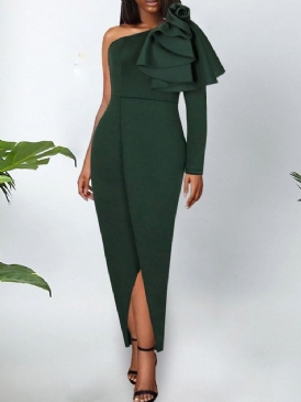 Oblique Collar Asymmetrisk Långärmad Fall Enfärgad Klänning